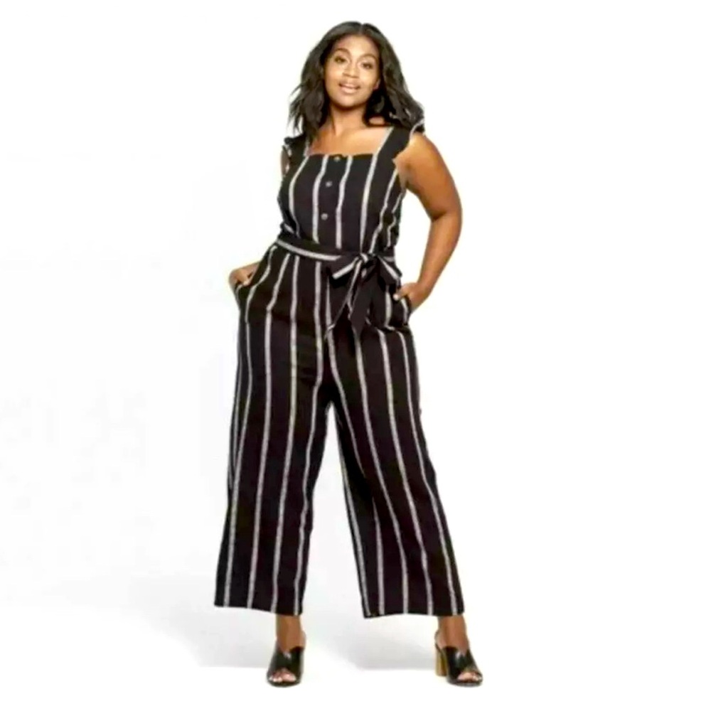 Who What Wear Black Gray Striped Cropped Linen Jumpsuit Pant Romper 1X NWT